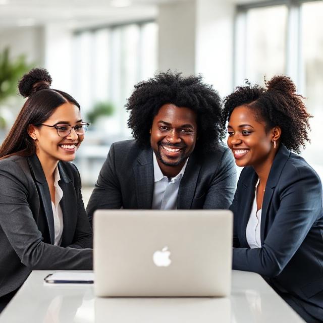 Three coworkers in a modern office meeting around a laptop, including one Black professional